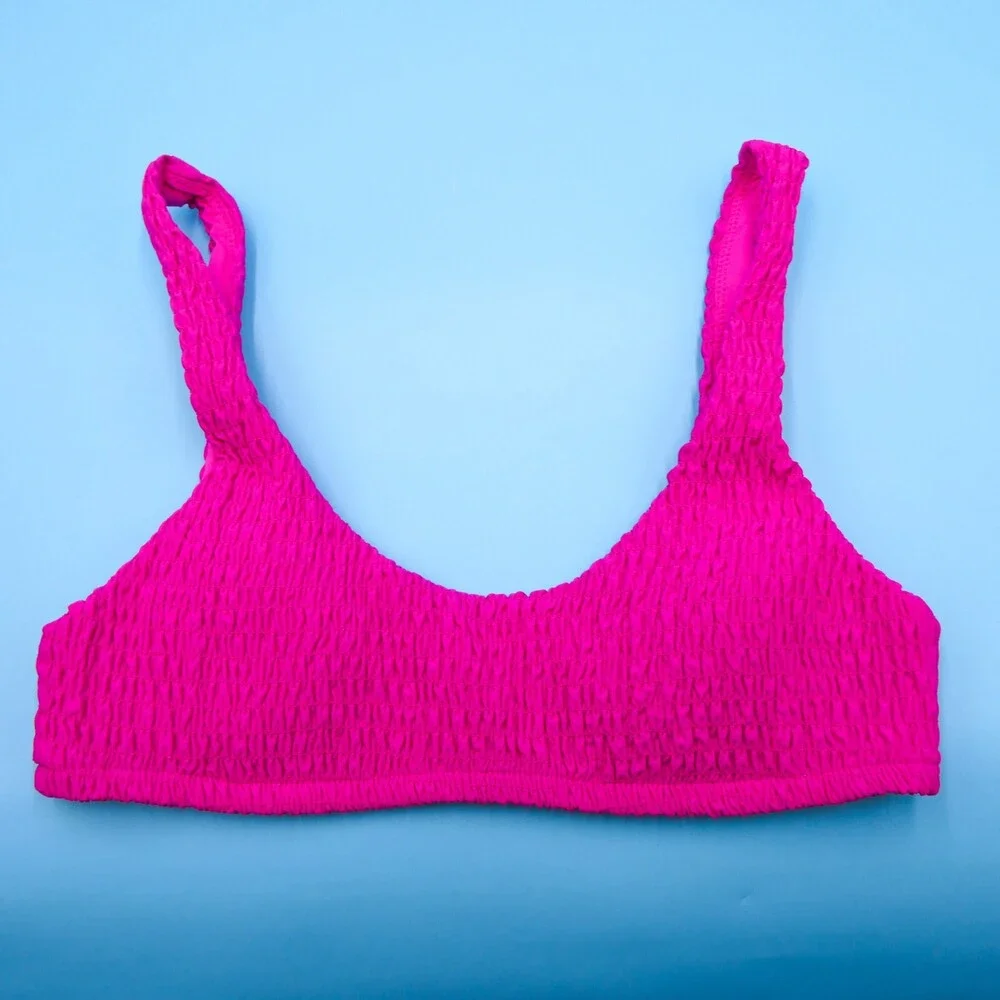 Victorias Secret Medium Pink Ruched Fabric Padded Ribbed Bikini Top Pullover New